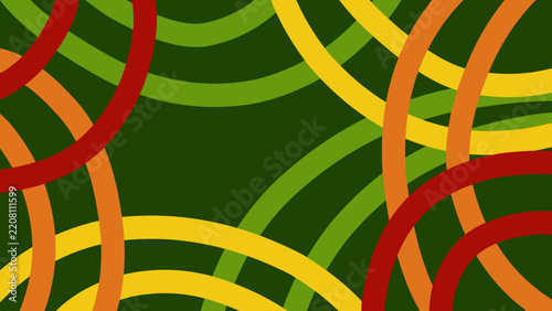 Colorful overlapping circle lines background vector on dark green backdrop. Abstract geometric pattern design for retro poster, cover art, creative banner, and social media post.