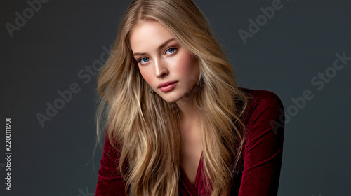 elegant blonde woman in a deep red velvet gown, glamorous portrait of a beautiful blonde woman with blue eyes, refined fashion portrait of a graceful blonde woman in velvet dress