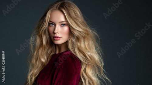 elegant blonde woman in a deep red velvet gown, glamorous portrait of a beautiful blonde woman with blue eyes, refined fashion portrait of a graceful blonde woman in velvet dress