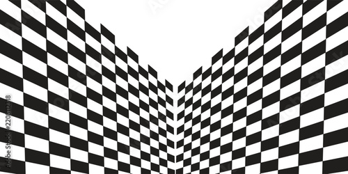 Abstract black and white checkerboard pattern forming a curved perspective grid, creating a dynamic optical illusion of depth and distortion.