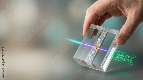 Close-up of a hand holding a transparent glass block with laser light beams passing through it and a green 