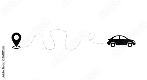 Car driving on a dotted line route from a location pin.