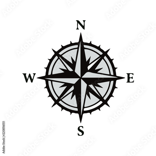 Vintage Nautical Compass Rose Icon, Direction Navigation Windrose Map Vector Illustration