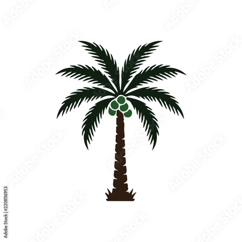 Tropical Coconut Palm Tree Icon, Summer Beach Exotic Plant Foliage Vector Illustration