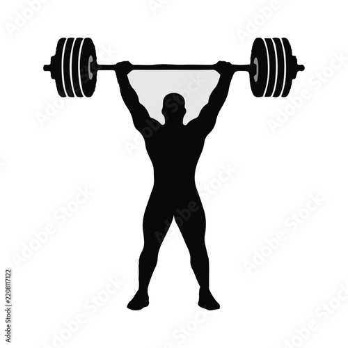 Weightlifter Overhead Barbell Lift Silhouette, Bodybuilder Fitness Workout Gym Vector Illustration