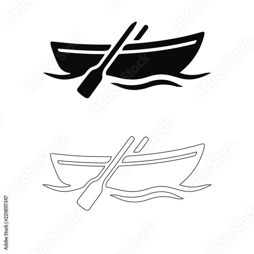 Rowboat with Paddle Silhouette and Outline Icon Set, Wooden Canoe on Water Vector Illustration