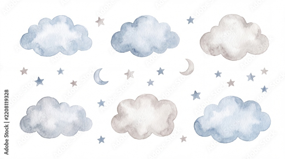 Obraz premium Watercolor nursery clouds and stars illustration, soft blue and beige celestial elements, isolated on white background, gentle baby room decor, children's design resource