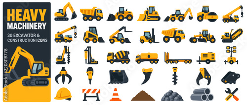 Heavy machinery and construction equipment vector icon set