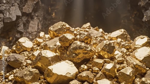 Professional miner standing before a mountain of gold nuggets in a dark underground mine