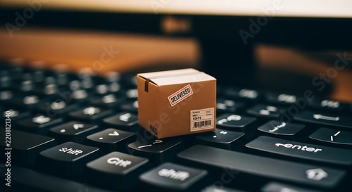 Small cardboard delivery box sitting on a black computer keyboard representing modern e-commerce shopping and online shipping logistics