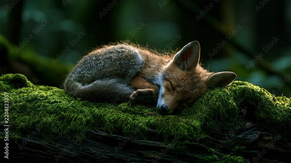 Obraz premium baby fox sleeping curled up in moss on a forest log, peaceful wildlife scene, cinematic detail, young fox resting in woodland