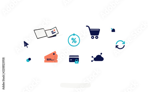 E-commerce icons set, representing online shopping and digital transactions.
