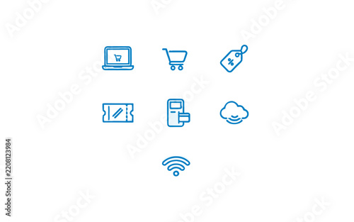 A set of blue line art icons related to online shopping and technology.
