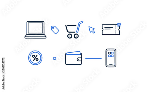Online shopping icons with laptop, tag, shopping cart, cursor, ticket, discount, wallet, and mobile phone.