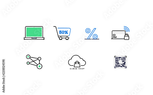 A collection of modern icons representing online shopping, technology, and business.