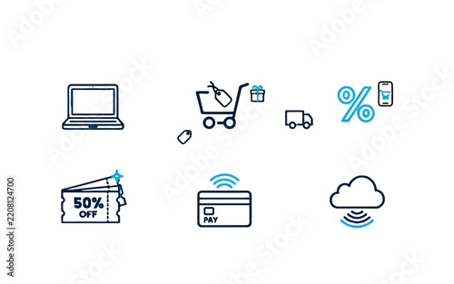 A set of clean icons representing online shopping, delivery, and payment.