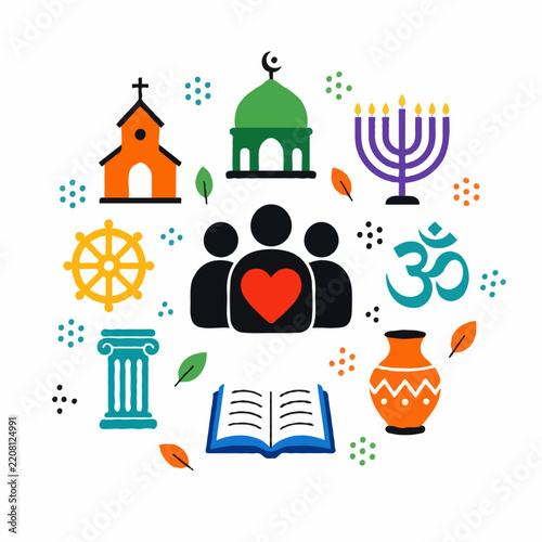 World religions and beliefs symbols including church, mosque, menorah, om and dharma wheel in circle