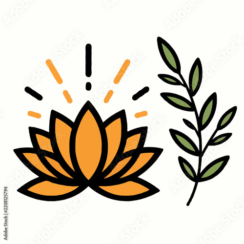 Orange lotus flower with light rays and green leaf branch in flat design style