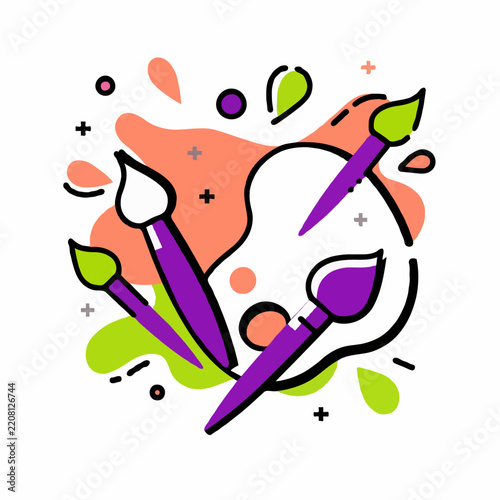 Purple paintbrushes with green and coral paint splashes representing creativity and artistic expression