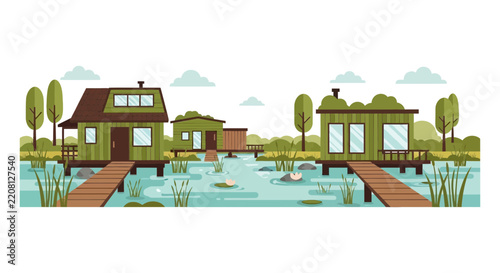 Flat Vector Illustration of Green Eco-Friendly Cabins on Stilts Over a Lake