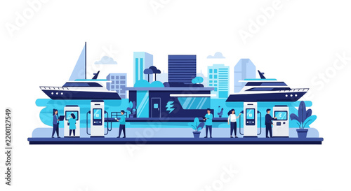 Electric Boat Charging Station at Modern Marina Vector Illustration