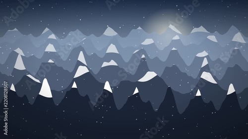 Abstract winter mountain range with snow peaks under a starry night sky and glowing moon or sun
