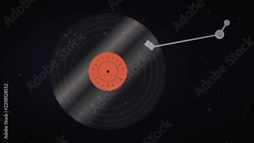 Vintage vinyl record playing music on a turntable in a starry night sky background