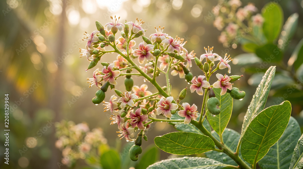 Obraz premium Luxury macro photograph of delicate cashew tree flowers with developing cashew fruits