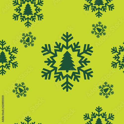 Green Christmas Tree and Snowflake Pattern Background, Perfect for holiday wallpapers, gift wrap, greeting cards, textile prints, seasonal branding, winter decorations, and festive surface design proj