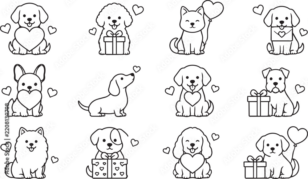 Obraz premium Cute puppy dog character set for valentine day greeting cards