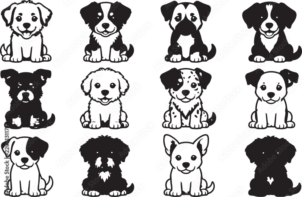 Fototapeta premium Cute puppy dog icons set in black and white style