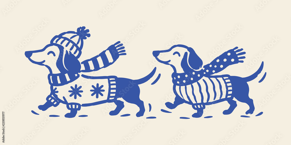 Obraz premium Two Dachshunds in Winter Clothes Hand Drawn Illustration