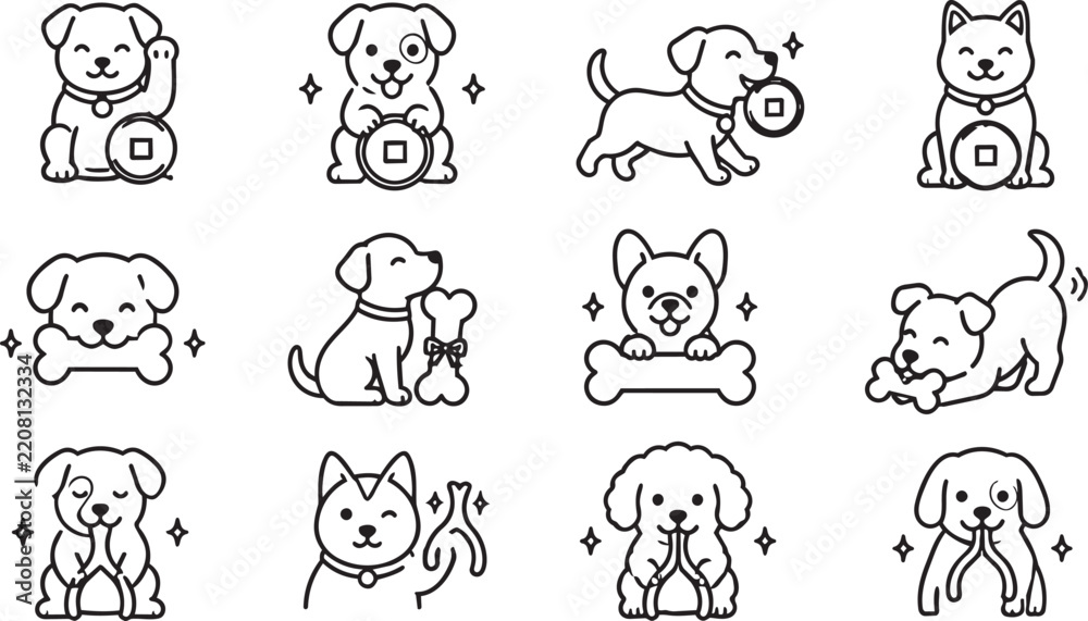 Fototapeta premium Cute Puppy Icon Set With Chinese Coins And Bones