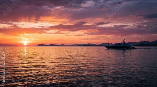 Luxury Yacht Silhouette Against a Dramatic Sunset Sky