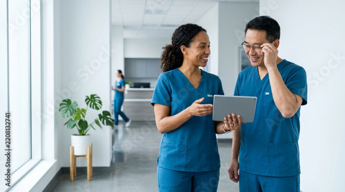 Medical Staff Discussing Patient Data on Tablet in Hospital Hallway