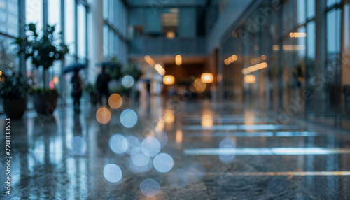 A view of a modern lobby with blurred details, featuring polished marble flooring, glass windows, and indistinct figures in the background, creating a serene atmosphere.