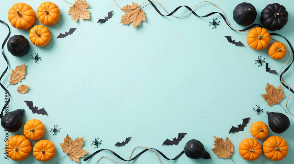 Fototapeta premium Autumn Halloween Border with Pumpkins, Bats, Leaves on Blue Background
