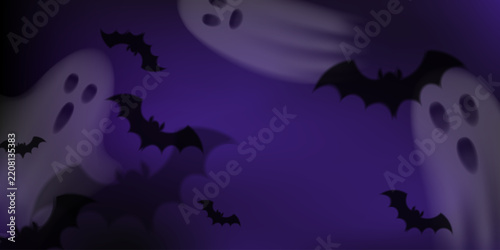 Halloween banner background with flying ghosts and black bat silhouettes on a purple backdrop. Vector spooky night header template with blurry phantom spirits