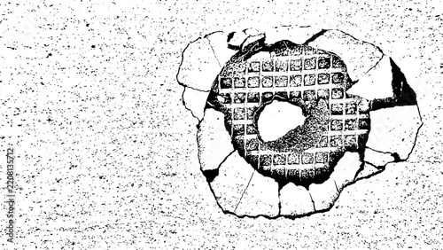 Black and white vector grunge texture background featuring a circular broken wall hole, exposed grid mesh, cracked plaster, and fine concrete noise overlay.