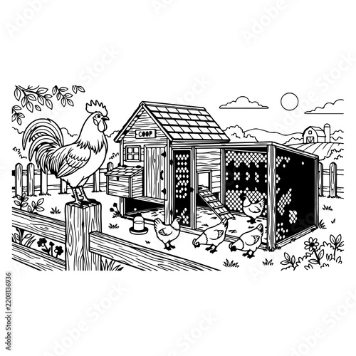 Rooster watching chickens near a rustic farm coop