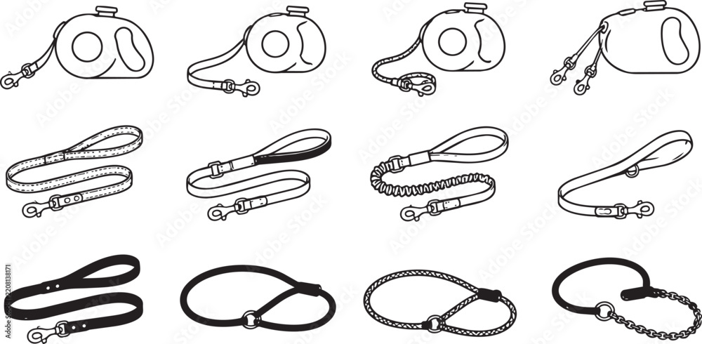 Obraz premium Dog leash collection icons set with retractable and standard styles