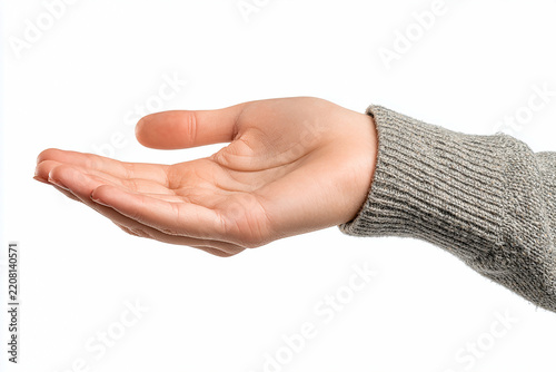 Close-up of an outstretched hand on a white background palm up with space for product presentation