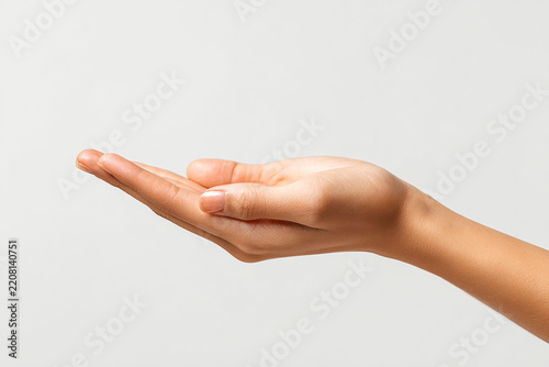 Close-up of an outstretched hand on a white background palm up with space for product presentation