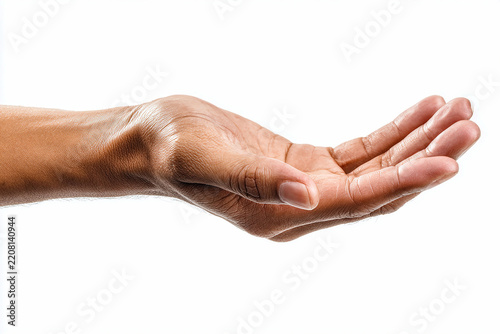 Close-up of an outstretched hand on a white background palm up with space for product presentation