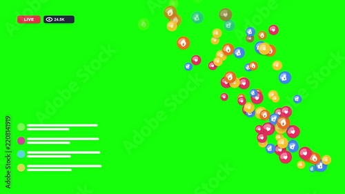 Social Media Live Stream Floating Reaction Icons on Green Screen Background