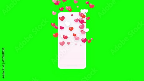 Smartphone with floating hearts on green screen social media interaction concept
