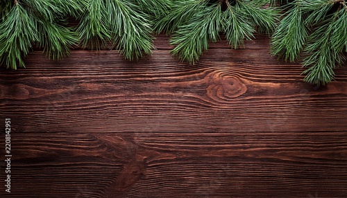 green pine branch garland border above dark wooden surface background