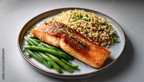 grilled salmon fillet served on a round plate alongside fresh green beans and a portion of cooked grains illuminated by natural light on a neutral surface