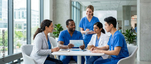 Diverse medical team collaborating on patient care and research in modern hospital meeting room.