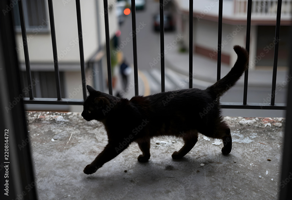 Fototapeta premium Urban pet lifestyle and domestic animal companionship, black cat walking on a balcony overlooking a city street with blurred background and natural light